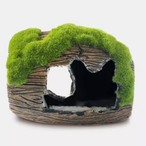 aquarium decoration house, fish tank hideaway landscape, green moss cask shelter, reptiles fish and shrimps fairy garden cave decor