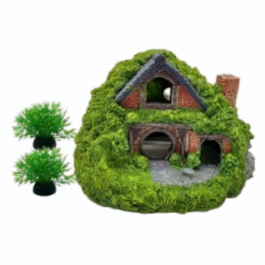 aquarium decoration house, fish tank hideaway landscape, green moss tree house shelter, reptiles fish and shrimps fairy garden cave decor