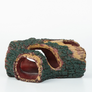 aquarium decoration house, fish tank hideaway landscape, green moss trunk shelter, reptiles fish and shrimps fairy garden cave decor