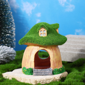 aquarium decoration house, fish tank hideaway landscape, green moss mushroom house shelter, reptiles fish and shrimps fairy garden cave decor